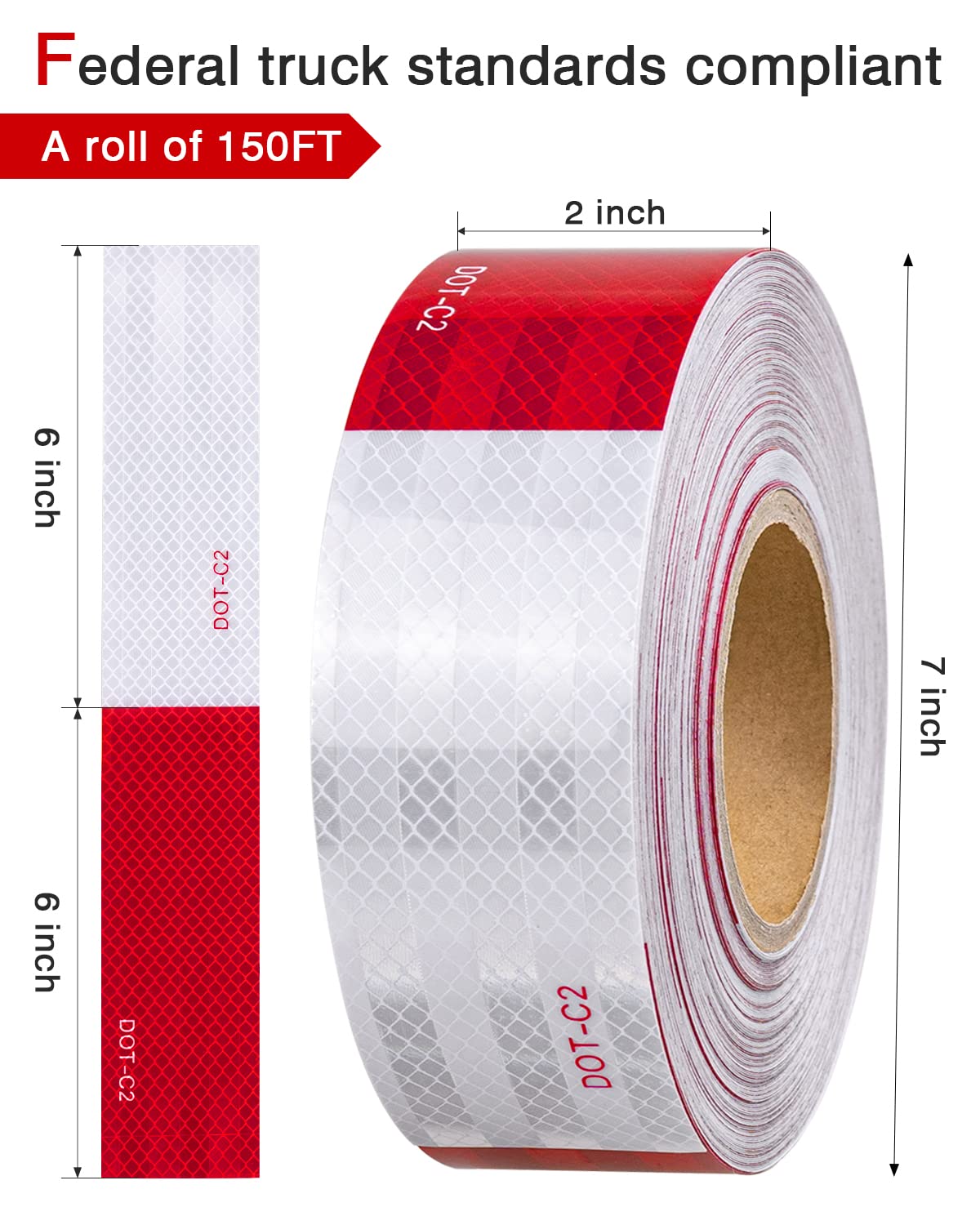 DOT-C2 HD Reflective Safety Tape 2 Inch X 150Ft Red/White High Intensity